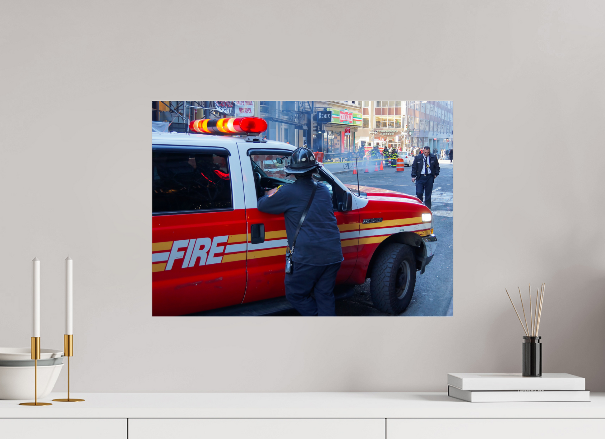 New York City Street Photography - Street scene with fire brigade in action